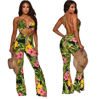 Gedrukte Ééndelige Diepe het Verbandgloed Rugloze Jumpsuit van V Jumpsuits