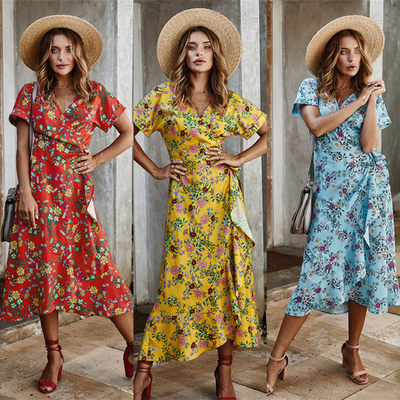 Gedrukte Dames Maxi Dress Polyester S Xl Korte Kokerpartij Toevallig V - hals