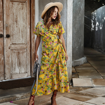 Gedrukte Dames Maxi Dress Polyester S Xl Korte Kokerpartij Toevallig V - hals