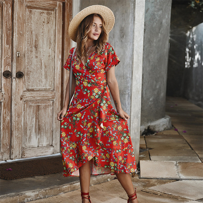 Gedrukte Dames Maxi Dress Polyester S Xl Korte Kokerpartij Toevallig V - hals